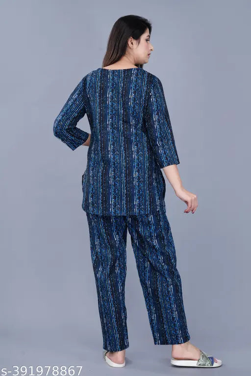 Blue cotton pyjamas with three-quarter sleeves and printed net, perfect for work from home or rest from home, Animesh soothing night suit, Indian origin