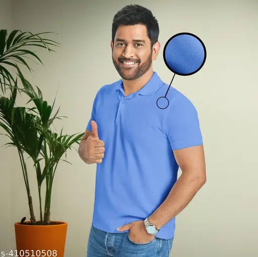 Sky Blue Polo Dot Knit T-shirt Collar Neck Cotton Blend, Artful Charms unisex style