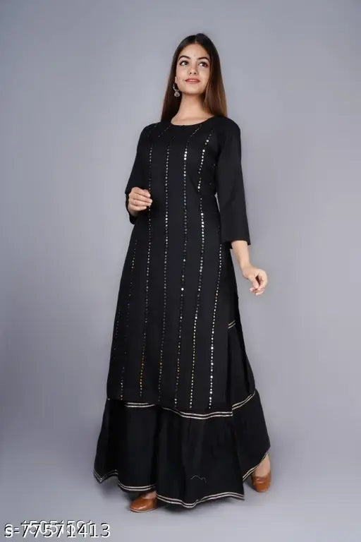 Embellished net rayon kurta set with sharara bottomwear for women, three-quarter sleeves, India origin