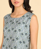 Sleeveless round long kurti in crepe fabric, printed Indian casual wear for women - size S (36in bust, 43in length)