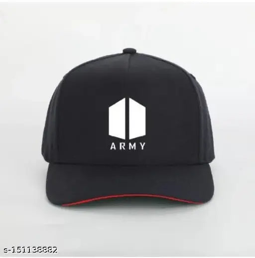 Printed Army black cotton canvas BTS cap, trendy military-style hat suitable for various outfits. Made in India