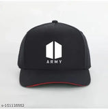 Printed Army black cotton canvas BTS cap, trendy military-style hat suitable for various outfits. Made in India