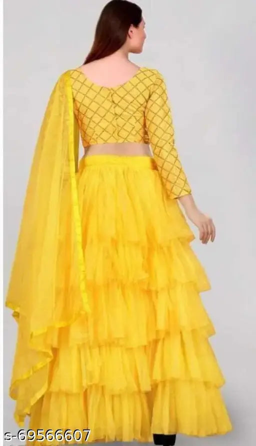 Embroidered satin and net Kids Lehega Choli set with ruffle bottom and lace dupatta, free size semi-stitched