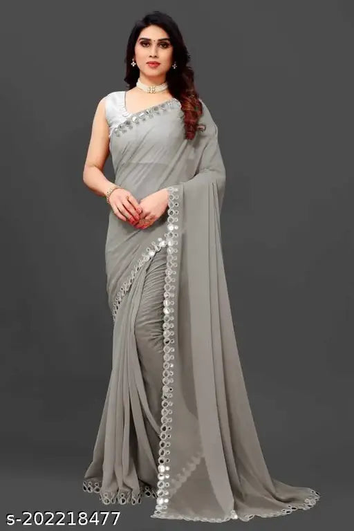 Golden Georgette Circel mirror saree with Banarasi silk net blouse, Indian traditional attire on mannequin