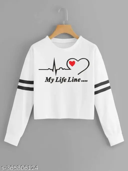 White cotton blend round neck full sleeve T-shirt for women & girls, printed design, India origin