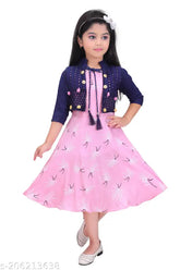 Printed rayon jaket dress with three-quarter sleeves, suitable for parties and special occasions like Diwali, Navratri, Christmas, Eid, Lohri, Onam, Pongal. Skin-friendly and comfortable for all seasons. Available in sizes 2-3 Years (Bust Size: 24 in, Length Size: 26 in), 3-4 Years (Bust Size: 24 in, Length Size: 27 in), etc., up to 7-8 Years. Made in India
