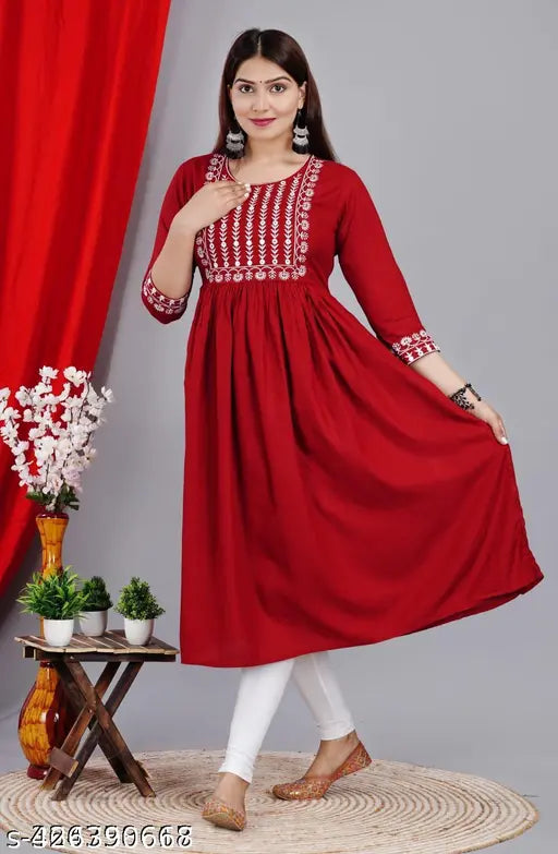New Rayon Anarkali Kurta, solid embroidery, three-quarter sleeves. Indian women's fashion on mannequin