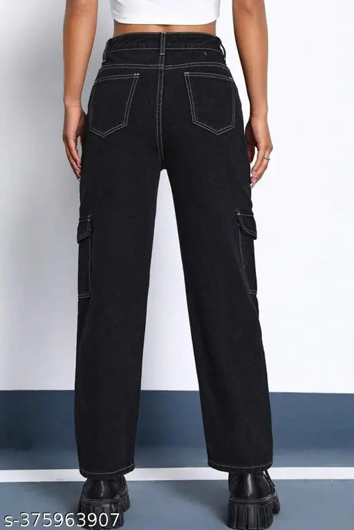 Black denim cargos with white stitching, trendy men's casual wear from India