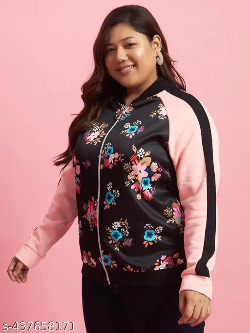 Fleece long-sleeved printed colorblock sweatshirt for women, black with Chinese collar style from India