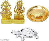 Brass Ganesh-Laxmi statue with crystal tortoise items, decorative Feng Shui and Vastu set for career luck, 7cm length, 11cm height, 2cm breadth