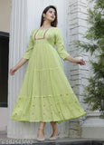 Green rayon embroidery kurti flair gown with three-quarter sleeves, perfect for festivals or formal wear. Size M (Bust 38in, Length 50in), L (Bust 40in, Length 50in), XXXL (Bust 46in, Length 50in). Indian design, soft against skin