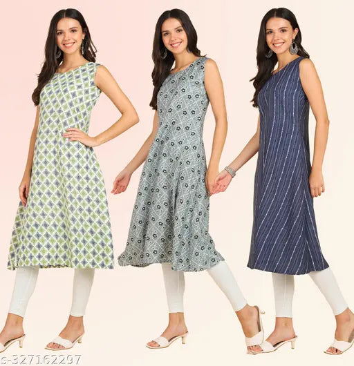 Printed Crepe Anarkali Round Kurti Combo Pack - 3 pcs (S-XXL), Indian traditional wear in various sizes