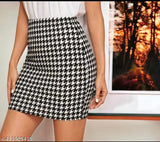Houndstooth cotton blend pencil skirt for women, printed pattern on black background - size 26, 28, 30, 32 origin India