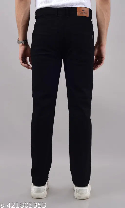 Men's black denim regular jeans with stretch, epitomizing versatility for diverse settings. Seamless transition from casual to semi-formal, perfect fit for sizes 42, 44, 46, 48, or 50 inches waist (hip size correspondingly). Made in India