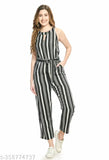 Black & White striped crepe sleeveless jumpsuit for women, printed net pattern with keyhole neck and knot detail