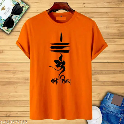 Orange printed polyester t-shirt with Mahadev Mahakal Shiva design, short sleeves for devotees