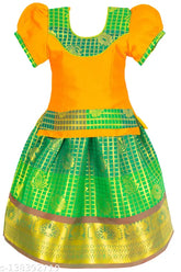Cotton Silk Kids Lehenga Choli Pattu Pavadai with waist belt, traditional South Indian ethnic wear for girls, available in multiple sizes from 6-8 years