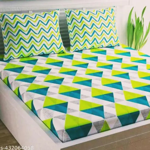Fancy geometric cotton double bedsheet with matching pillow covers, ideal for adults in mild winter seasons. Made in India