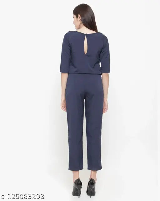 Blue crepe women's jumpsuit, solid color, three-quarter sleeves, elasticated waist, Indian origin