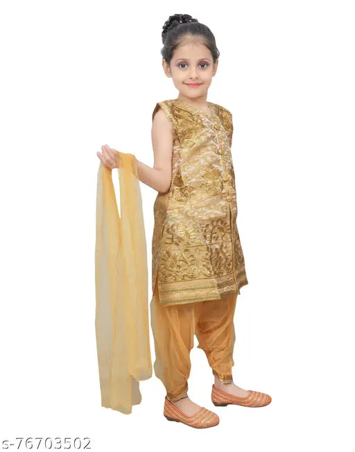 Fawn beige embroidered Patiala suit for girls, cotton blend material from RK Collection. Indian ethnic wear with dupatta, knee-length anarkali top and palazzos bottom. Suitable for parties or festive occasions, size 3-4 years