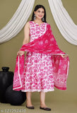 Pink cotton printed kurti set with dupatta, sleeveless, Indian women's fashion - S, M, L, XL, XXL, XXXL