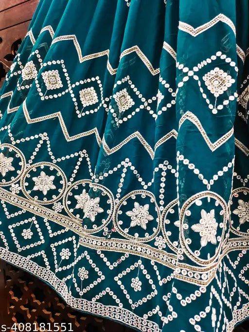 Embroidered Georgette Women's Choli and Dupatta Set, semi-stitched (Lehenga size 43in x 43in, Duppatta length 2.3in), Indian embroidery on three-piece lehenga choli