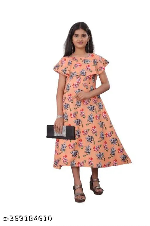 Printed polyester A-line dress for baby girls, short sleeves, vibrant pattern, Indian origin (5-6yrs to 12-13yrs)