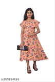 Printed polyester A-line dress for baby girls, short sleeves, vibrant pattern, Indian origin (5-6yrs to 12-13yrs)