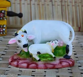 Polyresin Kamadhenu Cow with Calf Statue, multi-colored figurines for home temple decor, Indian handicraft