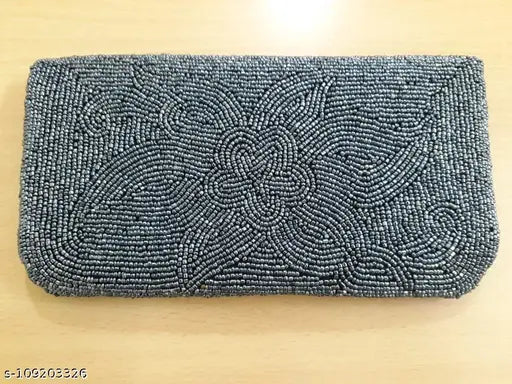 Grey embellished fabric beaded clutch, embroidered net pattern, free size (9in x 5in), Indian designer handbag