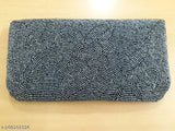 Grey embellished fabric beaded clutch, embroidered net pattern, free size (9in x 5in), Indian designer handbag