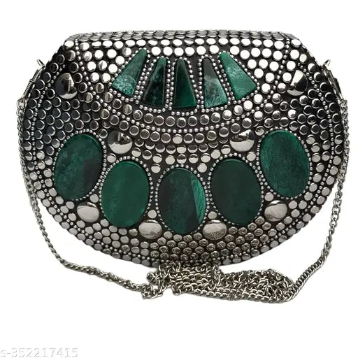 Silver clutch with green stone embellishment, women's hand clutch for weddings or parties, single compartment design