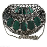 Silver clutch with green stone embellishment, women's hand clutch for weddings or parties, single compartment design