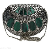 Silver clutch with green stone embellishment, women's hand clutch for weddings or parties, single compartment design