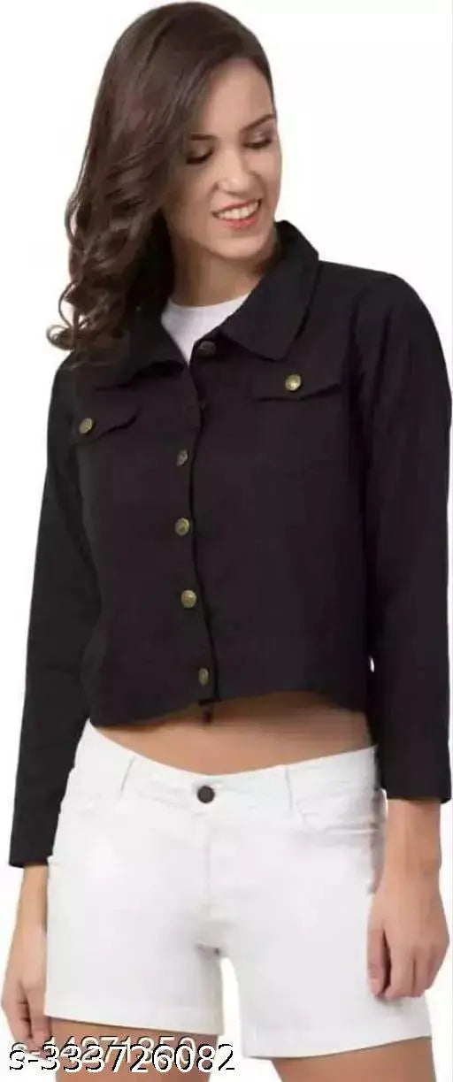 Denim twile color jacket for women and girls, solid net pattern, three-quarter sleeves. Women's denim jacket available in sizes S, M, L, XL. Made in India