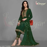 Green rayon kurta set with embroidered mirror work and dupatta, featuring pants with border embroidery. Indian-made, heavy cotton & rayon blend