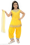 Georgette Girls Kurta Patiyala Set, mustard embellished top & lace net bottom, Indian ethnic wear