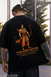 Men's Parampurush black printed cotton blend T-shirt, short sleeves with oversized fit, available in S, M, L, XL, XXL