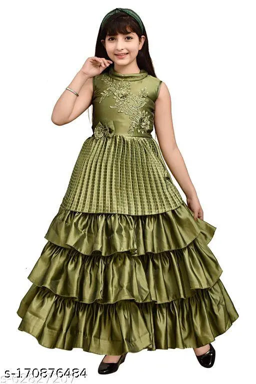 Green silk blend solid pleated gown (Pack 1), stylish kids wear for girls, short western dress, embroidered net, size: 4-5 Years (Bust Size: 26 in, Length Size: 30 in)