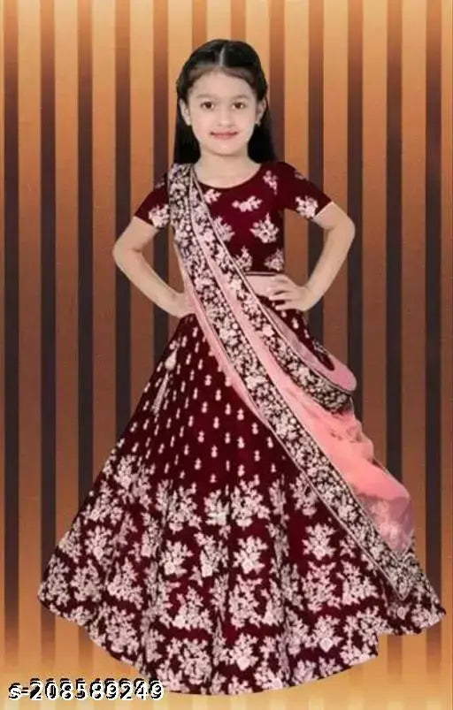 Embroidered silk lehenga & net dupatta for girls (0-14 years), Indian traditional outfit on display
