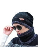 Wool winter beanie hat, scarf set with face cover - Thandi ka ilaj MUFFLER AND TOPA for man and woman, knitted fur-lined, India origin