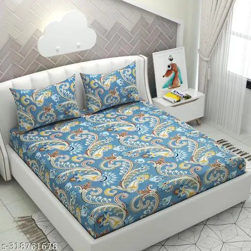 Sky Blue microfiber glace cotton printed double bedsheet with 2 pillow covers, ideal for heavy winter use