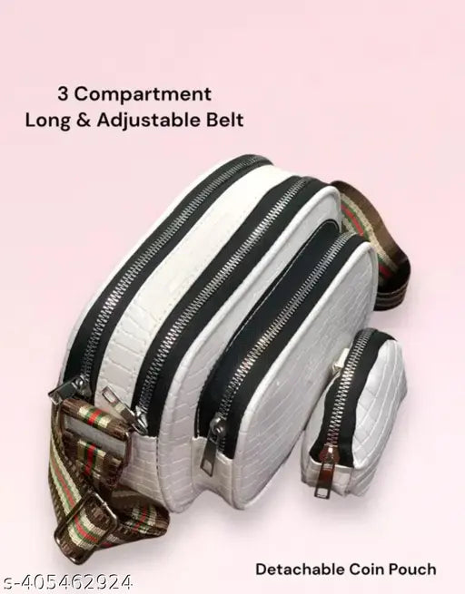 PU printed net sling bag, trendy ladies' bag with three compartments, free size, made in India