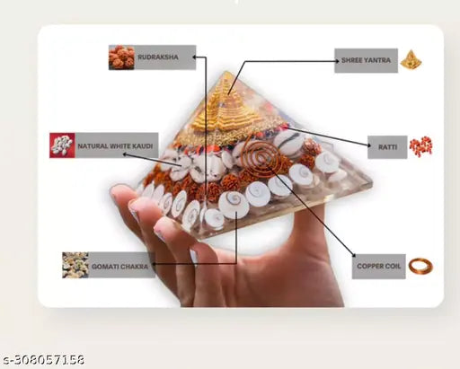 Crystal large Orgonite Shree Yantra Pyramid with Rudraksha, Gomati Chakra, Chirmi & Kaudi Shells - Handmade Feng Shui Vastu item for home, 10cm x 10cm x 10cm, used in meditation, energy healing, and spiritual growth, made in India