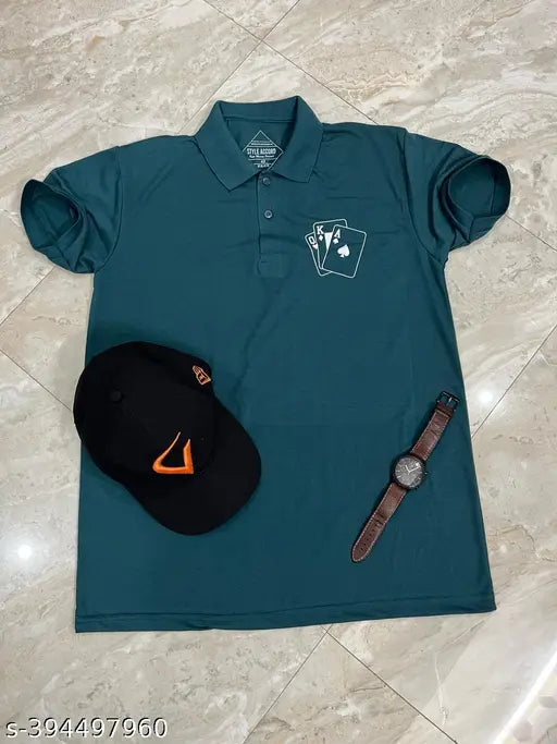 Cotton blend half sleeve polo t-shirts (2 pack) for men, featuring printed designs in sizes L and 5XL