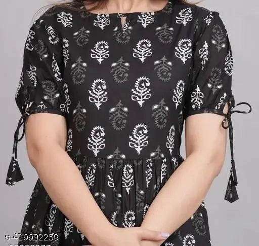 Pure cotton Anarkali kurtis with printed combo, short sleeves. Indian-inspired women's fashion for L (Bust 40 in, Size Length 48 in), XL (Bust 42 in, Size Length 48 in), XXL (Bust 44 in, Size Length 48 in)