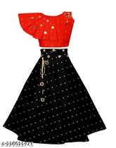 Girls black A-line skirt with red choli, embellished ethnic wear for kids party, self design, cotton blend material, multiple sizes available