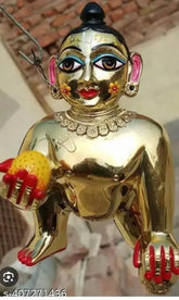 Brass Krishna Idol, Laddu Gopal Ji size 5, Indian religious statue on a pedestal