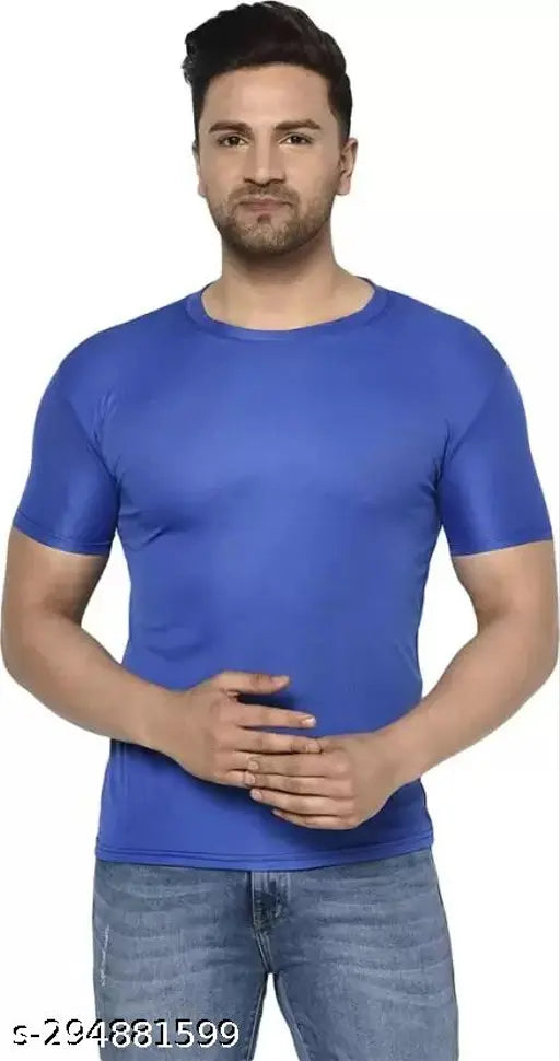 Stylish attractive round neck men's polyester t-shirts (multicolor), vibrant fashion in various sizes from S to XXL on display rack, India origin