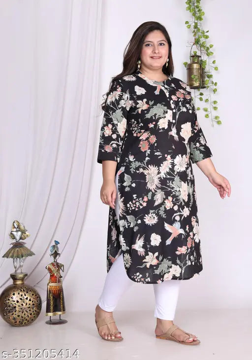 Black plus size floral print pure cotton straight kurta with three-quarter sleeves, ideal for women's fashion, XXL, XXXL sizes